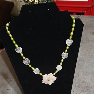 Vintage Eyecatching 18" Green Pearl, Pink Hearts and Flower Necklace